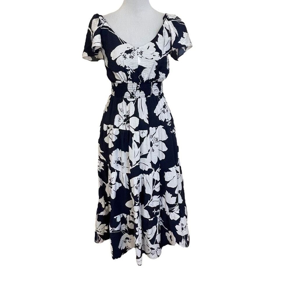 Tinsel Petite Floral-Print Flutter-Sleeve Tiered Ankle Length Dress Navy Blue an